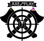 Black and white Axe Play logo featuring crossed axes, a target, and banner text