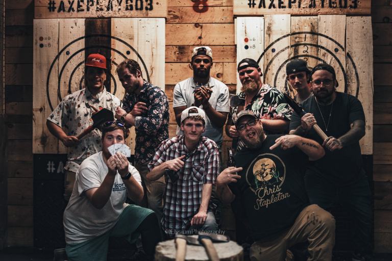 Group of men at bachelor party Axe Play Hudson NH
